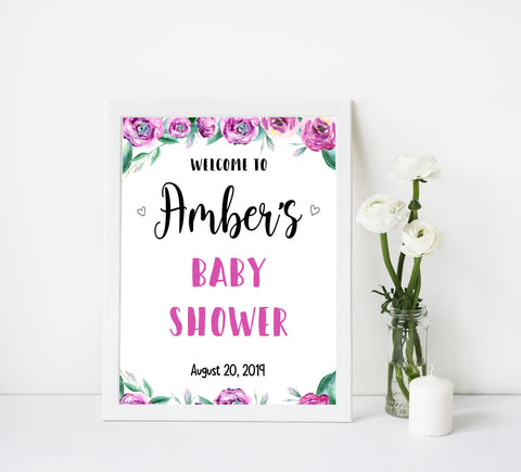 baby shower welcome sign, printable baby welcome sings, purple peonies baby shower signs, baby welcome signs
