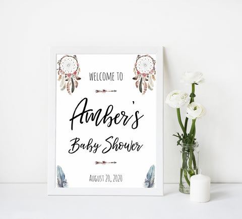 baby shower welcome sign, printable baby welcome signs, baby welcome table signs, boho baby shower decor, dreamcatcher baby decor