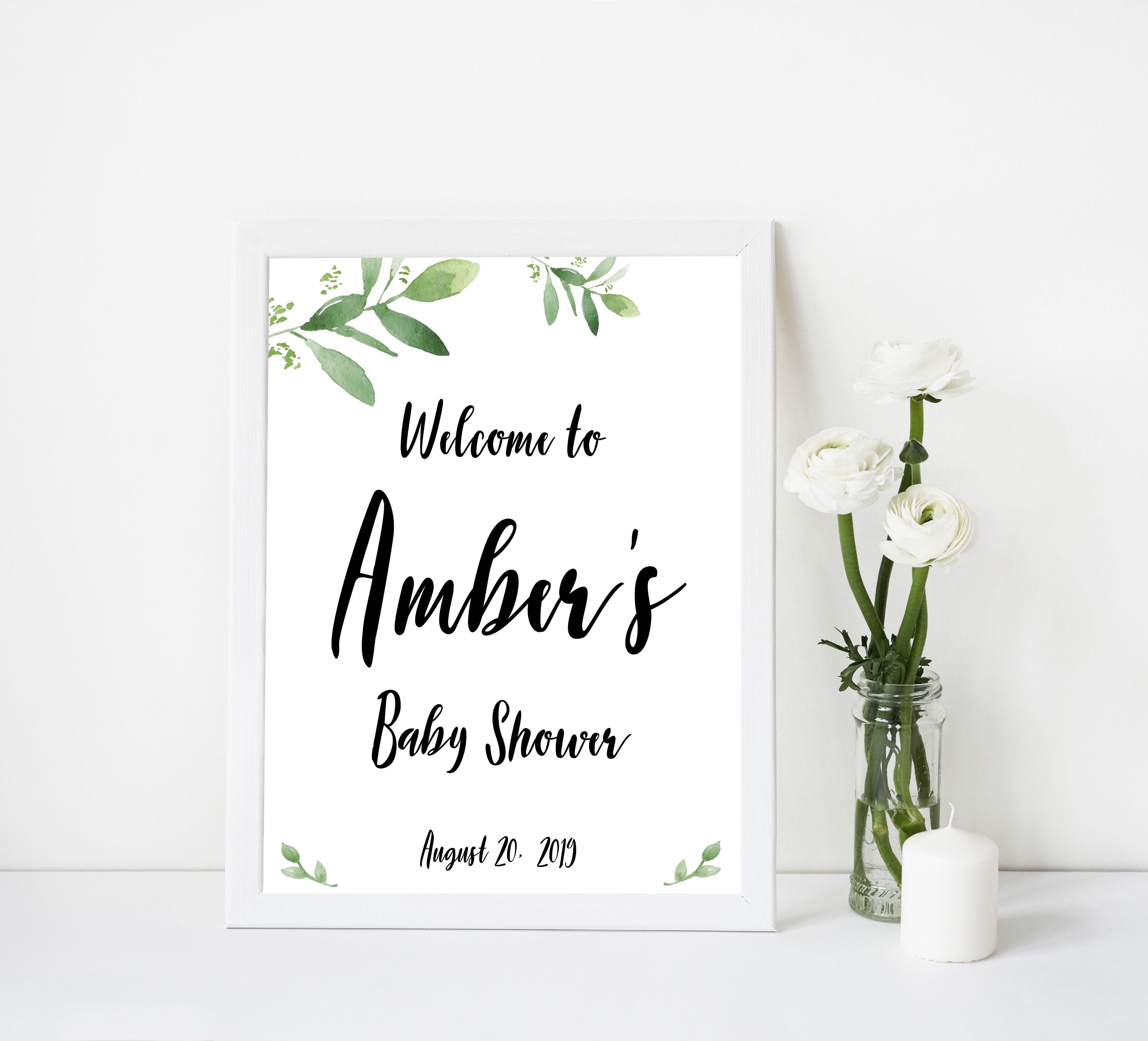 botanical baby shower welcome signs, printable baby shower welcome sign, botanical baby shower decor, floral baby shower ideas