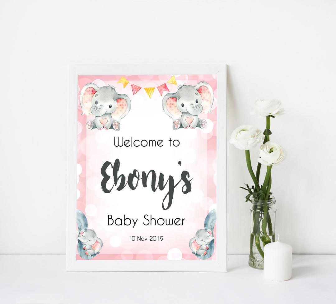 pink elephants baby shower welcome sign, printable baby shower welcome signs, fun baby shower decor, pink baby shower ideas, elephant baby shower ideas