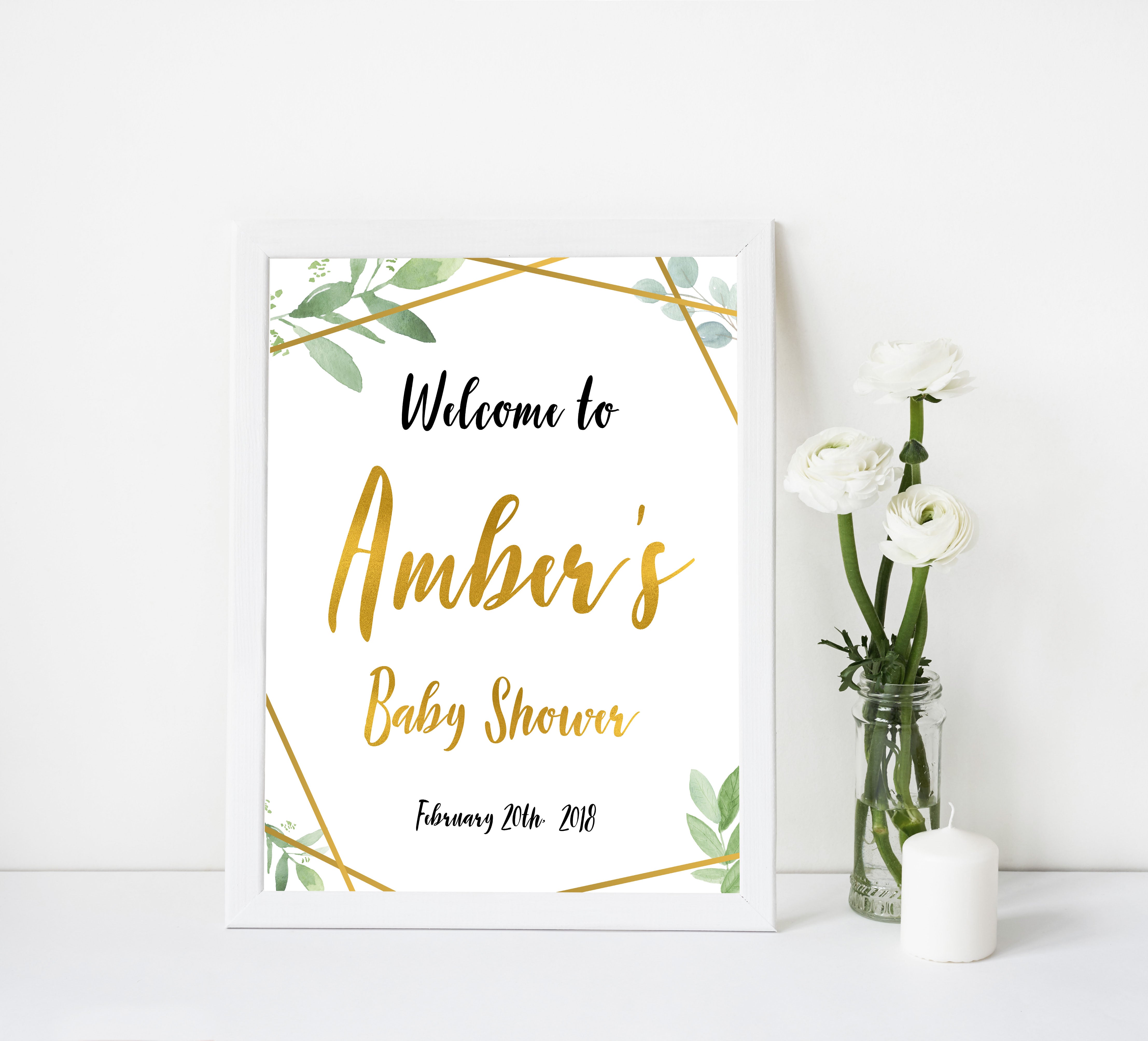 baby shower welcome sign, printable baby welcome signs, gold geometric baby signs, greenery baby signs, baby shower decor