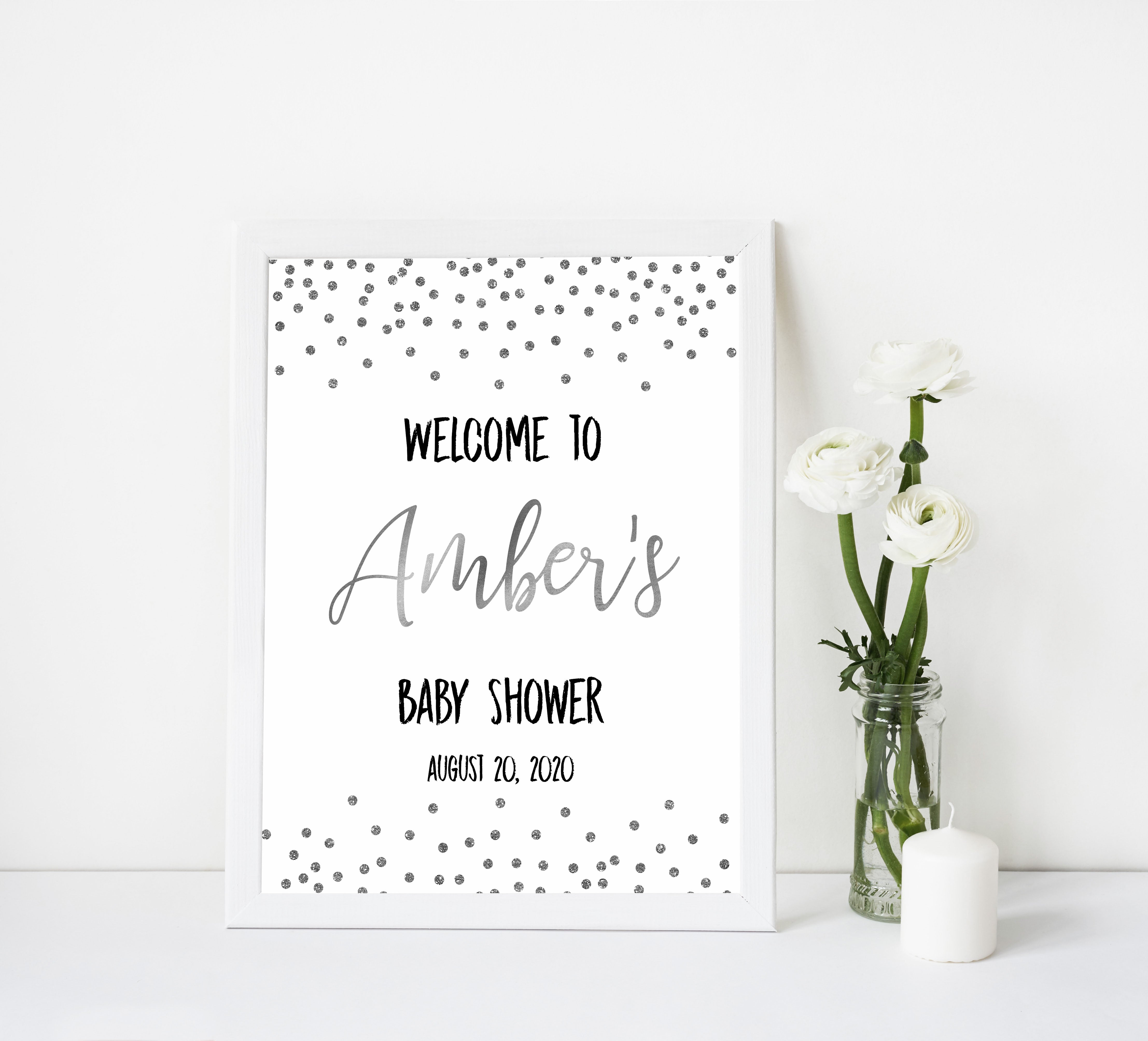 baby welcome sign, baby shower welcome sign, Baby silver glitter baby decor, printable baby table signs, printable baby decor, baby silver glitter table signs, fun baby signs, baby silver fun baby table signs