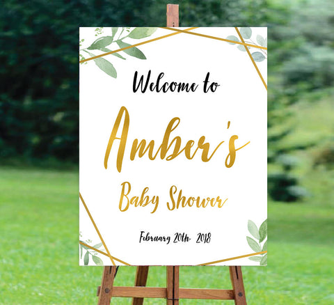 baby shower welcome sign, printable baby welcome signs, gold geometric baby signs, greenery baby signs, baby shower decor