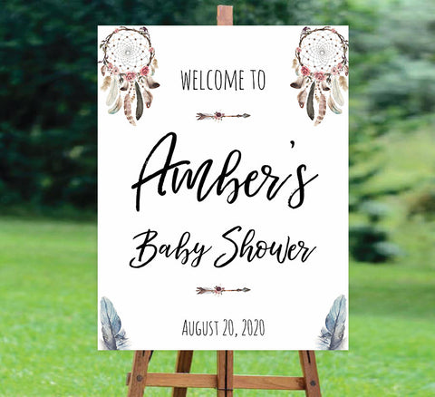 baby shower welcome sign, printable baby welcome signs, baby welcome table signs, boho baby shower decor, dreamcatcher baby decor