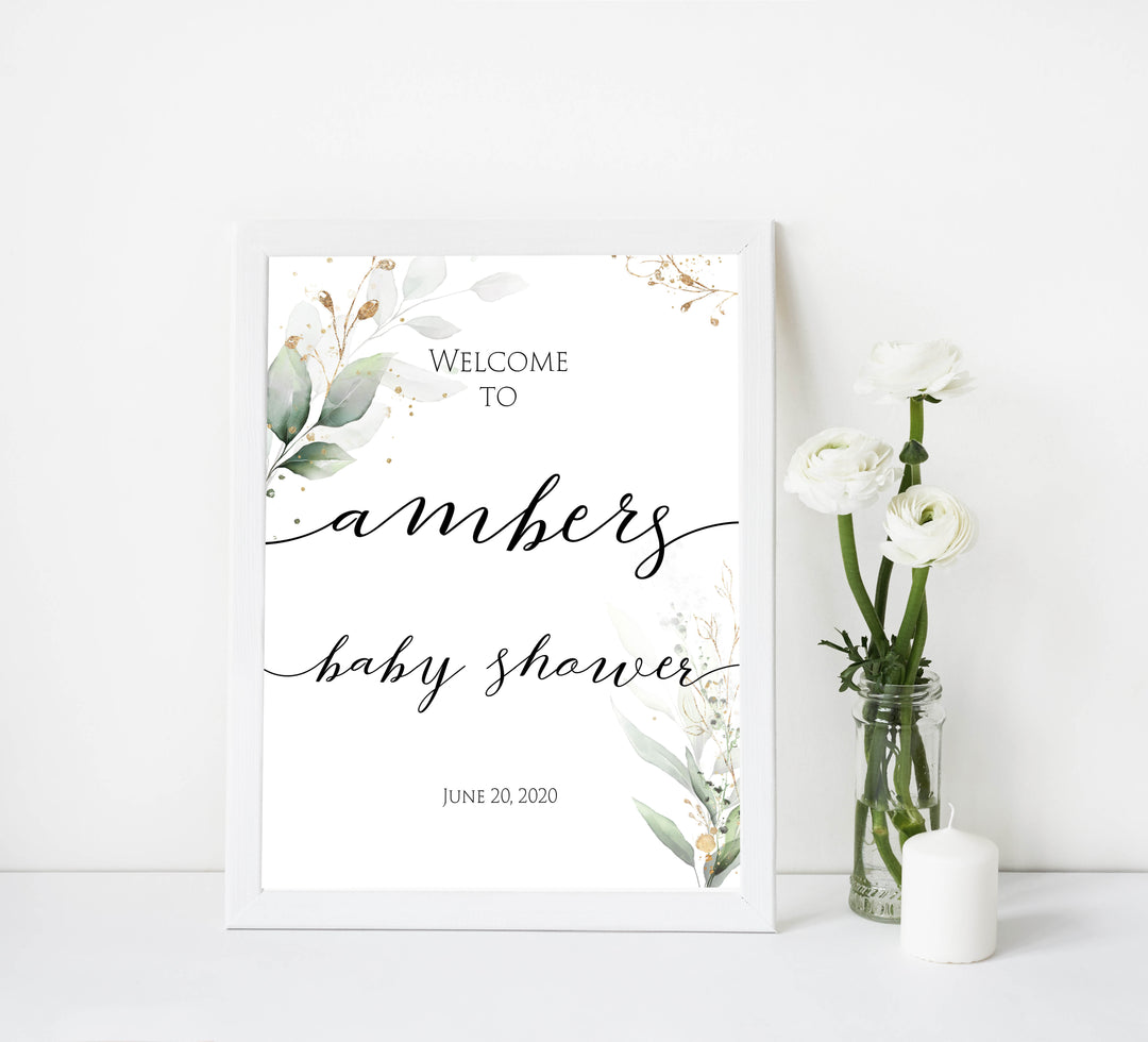 printable baby shower welcome sign, baby shower welcome signs, gold leaf baby welcome signs, gold green leaf baby decor, baby table decor