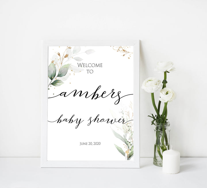 printable baby shower welcome sign, baby shower welcome signs, gold leaf baby welcome signs, gold green leaf baby decor, baby table decor