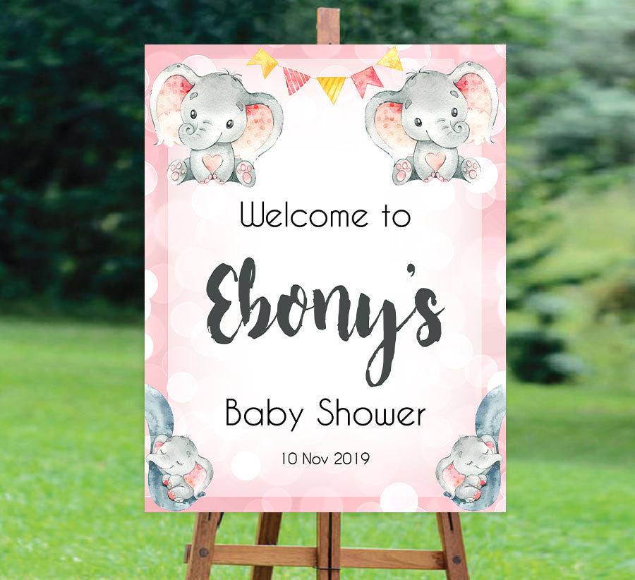 pink elephants baby shower welcome sign, printable baby shower welcome signs, fun baby shower decor, pink baby shower ideas, elephant baby shower ideas
