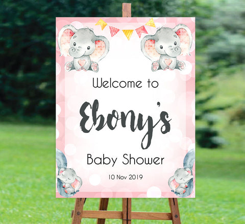 pink elephants baby shower welcome sign, printable baby shower welcome signs, fun baby shower decor, pink baby shower ideas, elephant baby shower ideas