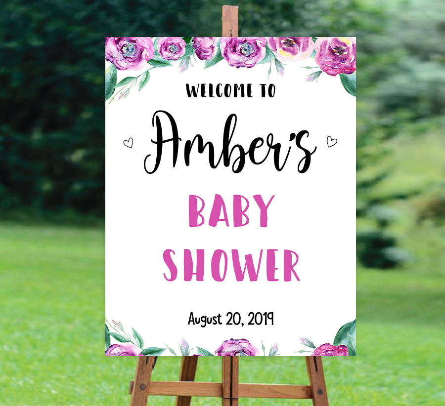 baby shower welcome sign, printable baby welcome sings, purple peonies baby shower signs, baby welcome signs