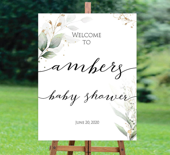 printable baby shower welcome sign, baby shower welcome signs, gold leaf baby welcome signs, gold green leaf baby decor, baby table decor