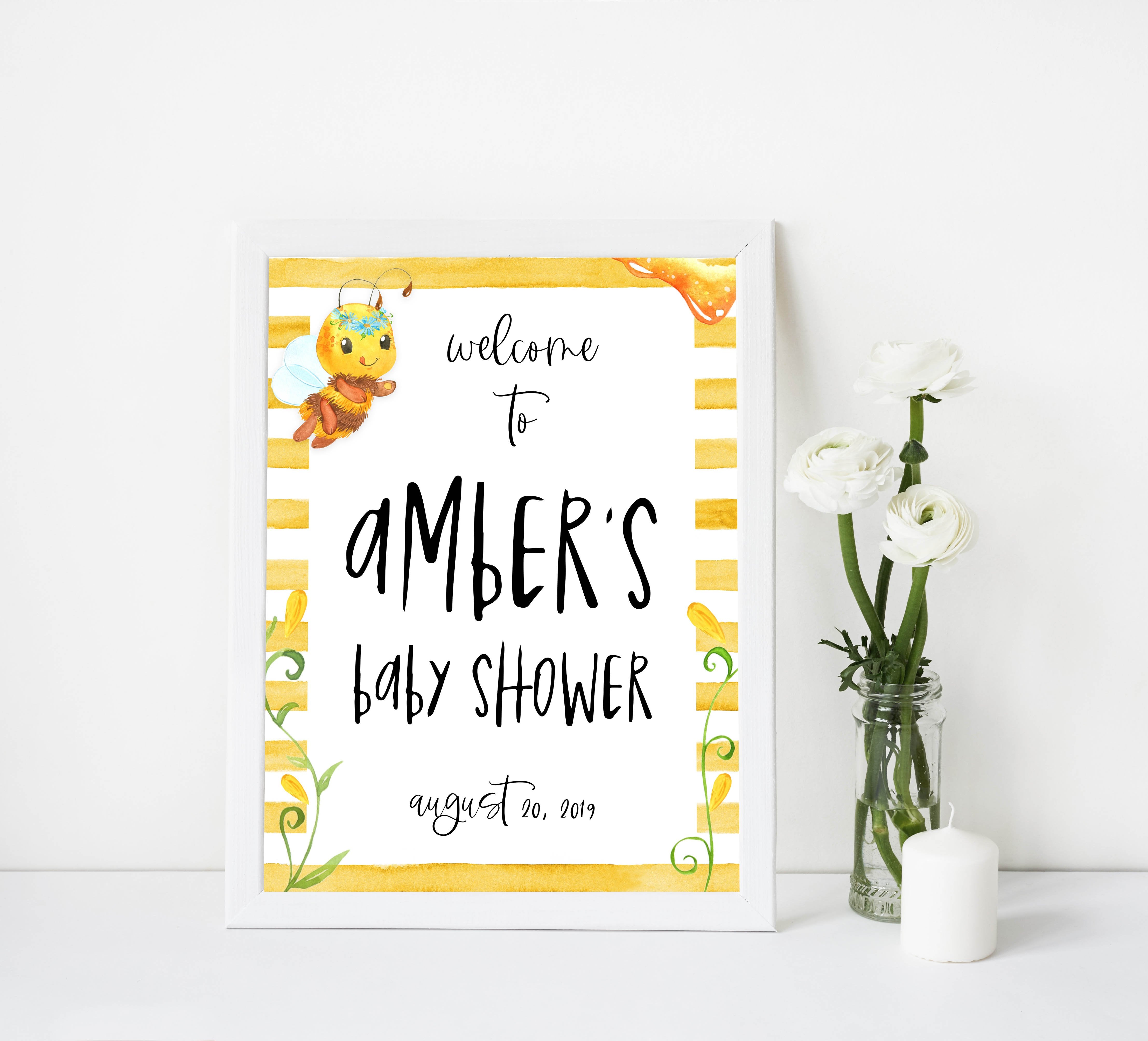 baby welcome signs, printable baby shower welcome sign, mommy to bee baby sign, mommy bee baby shower decor