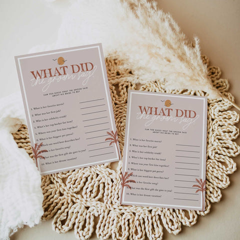 Fully editable and printable bridal shower what did the groom say game with a Palm Springs design. Perfect for a Palm Springs bridal shower themed party