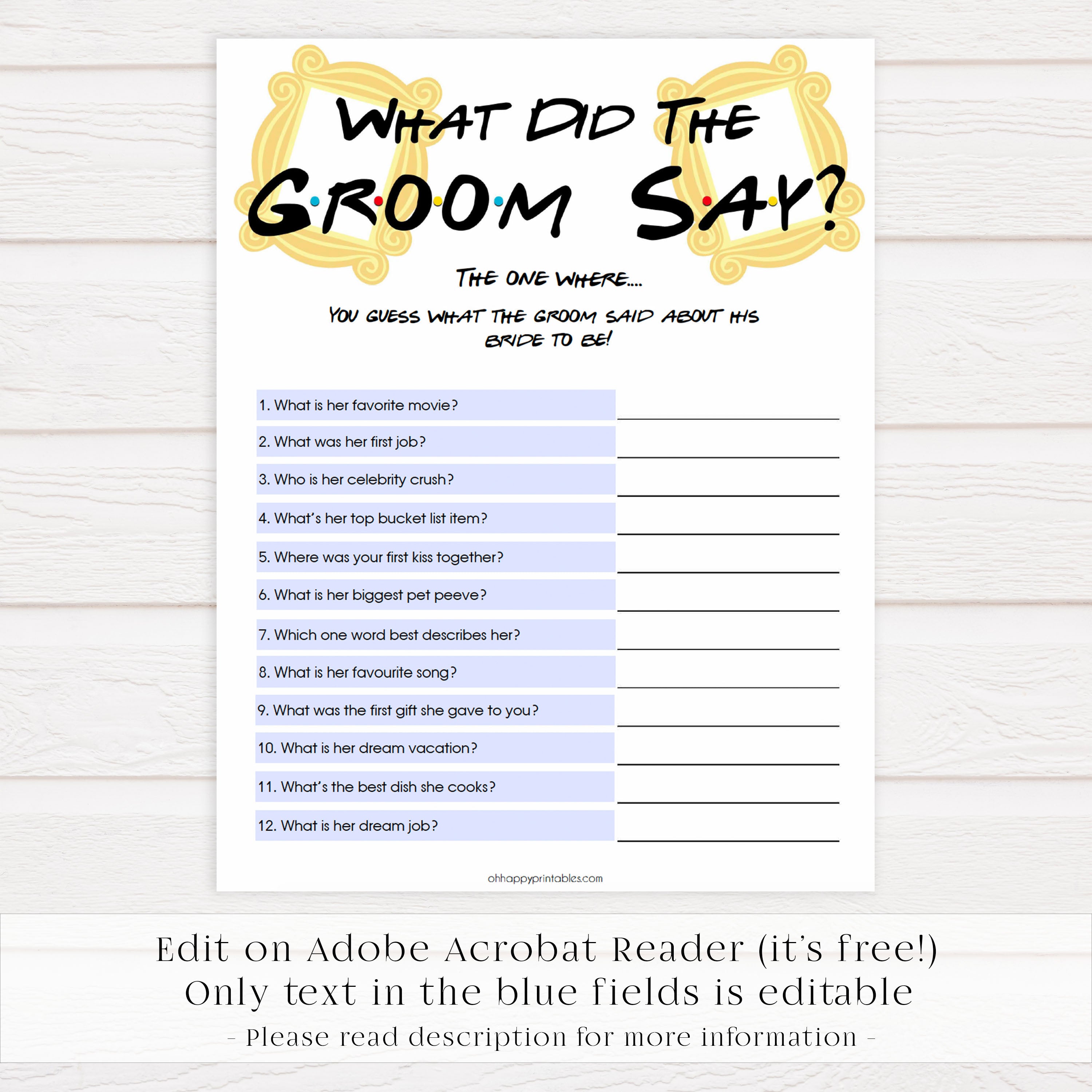 what did the groom say game, guess what the groom said, Printable bridal shower games, friends bridal shower, friends bridal shower games, fun bridal shower games, bridal shower game ideas, friends bridal shower