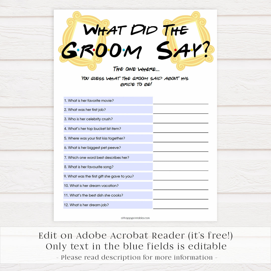 what did the groom say game, guess what the groom said, Printable bridal shower games, friends bridal shower, friends bridal shower games, fun bridal shower games, bridal shower game ideas, friends bridal shower