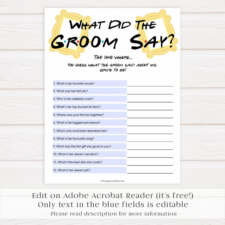what did the groom say game, guess what the groom said, Printable bridal shower games, friends bridal shower, friends bridal shower games, fun bridal shower games, bridal shower game ideas, friends bridal shower