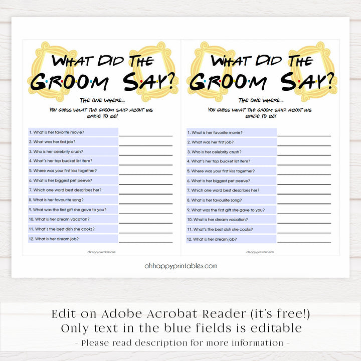 what did the groom say game, guess what the groom said, Printable bridal shower games, friends bridal shower, friends bridal shower games, fun bridal shower games, bridal shower game ideas, friends bridal shower