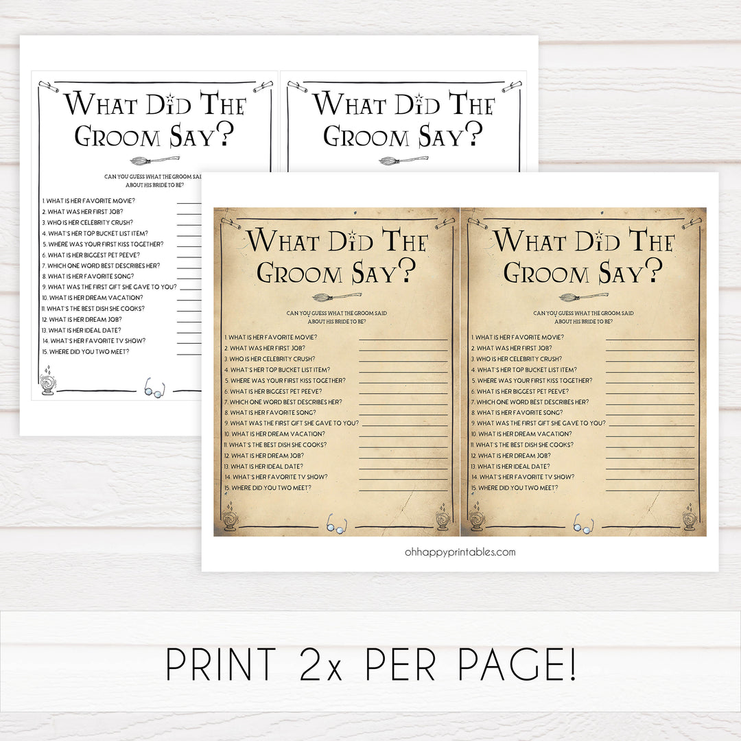 what did the groom stay, Printable bridal shower games, Harry potter bridal shower, Harry Potter bridal shower games, fun bridal shower games, bridal shower game ideas, Harry Potter bridal shower