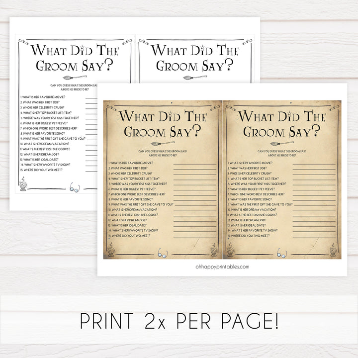 what did the groom stay, Printable bridal shower games, Harry potter bridal shower, Harry Potter bridal shower games, fun bridal shower games, bridal shower game ideas, Harry Potter bridal shower
