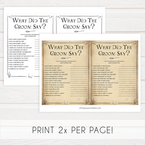what did the groom stay, Printable bridal shower games, Harry potter bridal shower, Harry Potter bridal shower games, fun bridal shower games, bridal shower game ideas, Harry Potter bridal shower