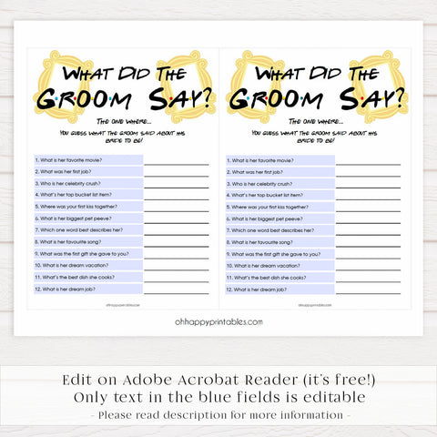 what did the groom say game, guess what the groom said, Printable bridal shower games, friends bridal shower, friends bridal shower games, fun bridal shower games, bridal shower game ideas, friends bridal shower