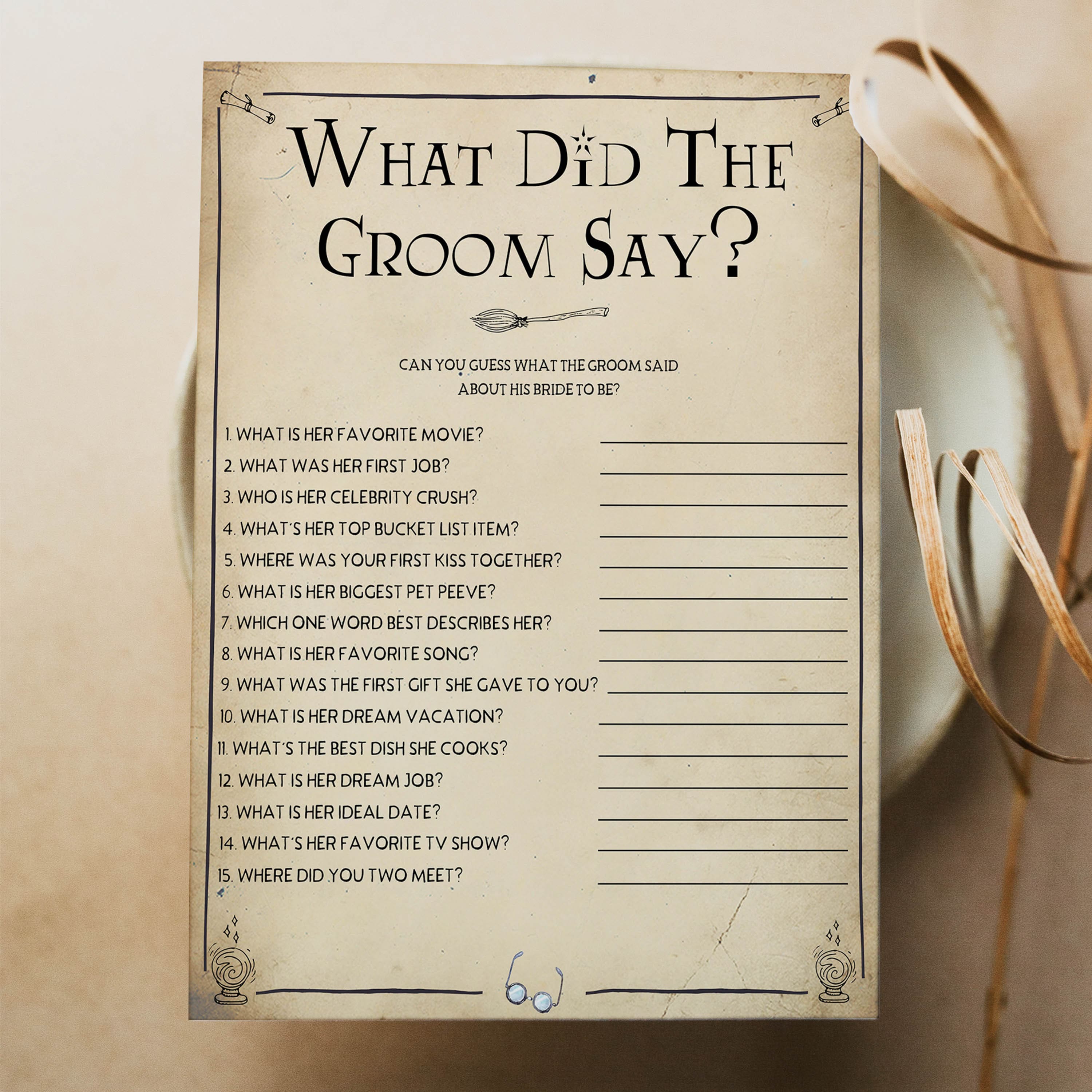 what did the groom stay, Printable bridal shower games, Harry potter bridal shower, Harry Potter bridal shower games, fun bridal shower games, bridal shower game ideas, Harry Potter bridal shower