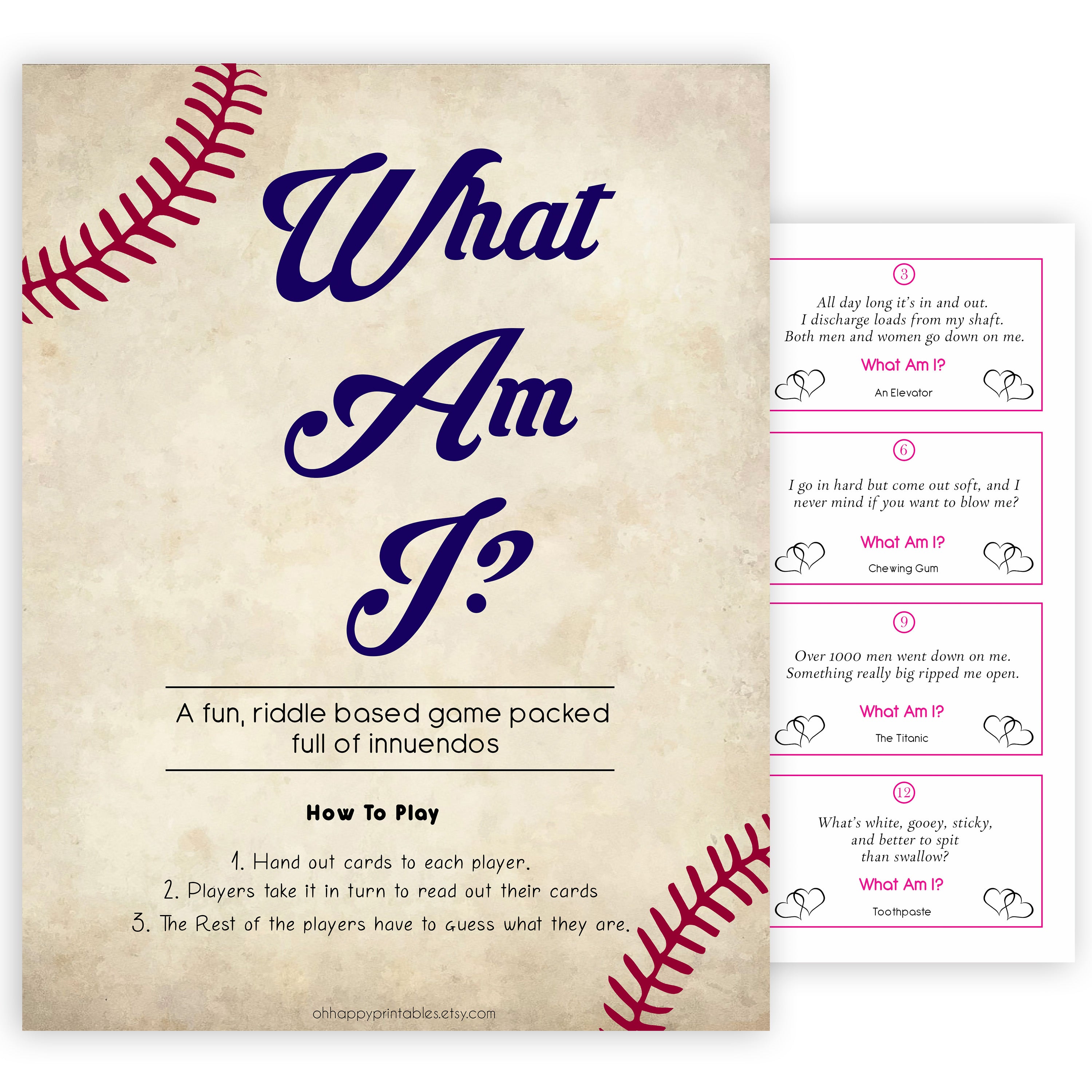 24 What Am I Innuendo Baby Shower Games, Baseball Innuendo Riddle Baby Shower Games, What Am I Games, Baby Games, Adult Baby Shower, printable baby shower games, fun baby shower games, popular baby shower games