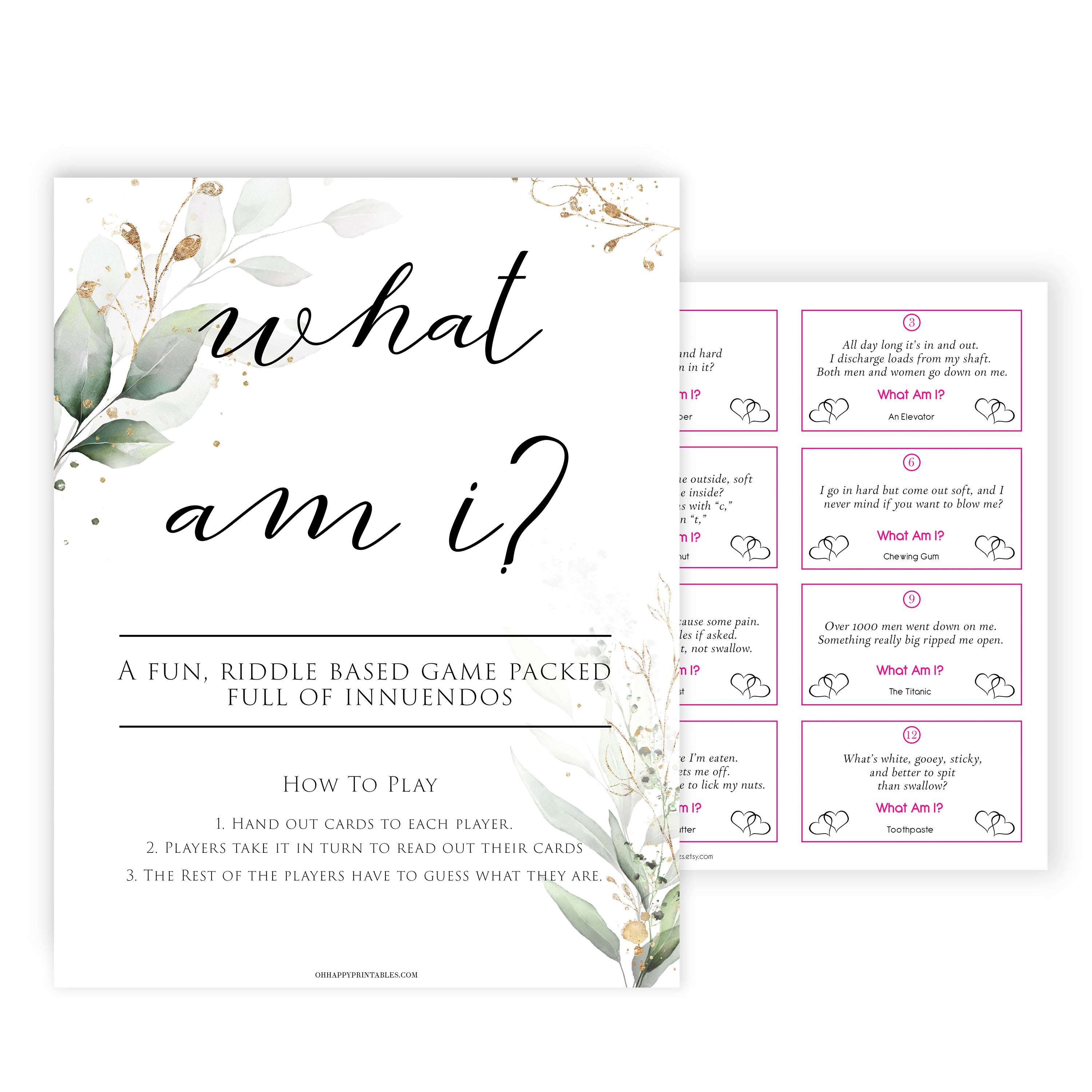 Gold green leaf baby games, what am I, printable baby games, fun baby games, top baby games to play, gold leaf baby shower, greenery baby shower ideas