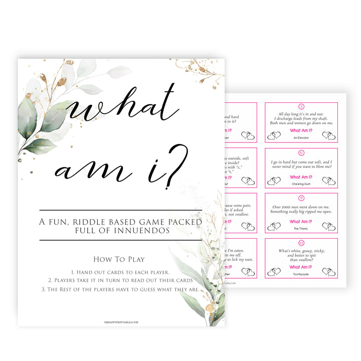 Gold green leaf baby games, what am I, printable baby games, fun baby games, top baby games to play, gold leaf baby shower, greenery baby shower ideas