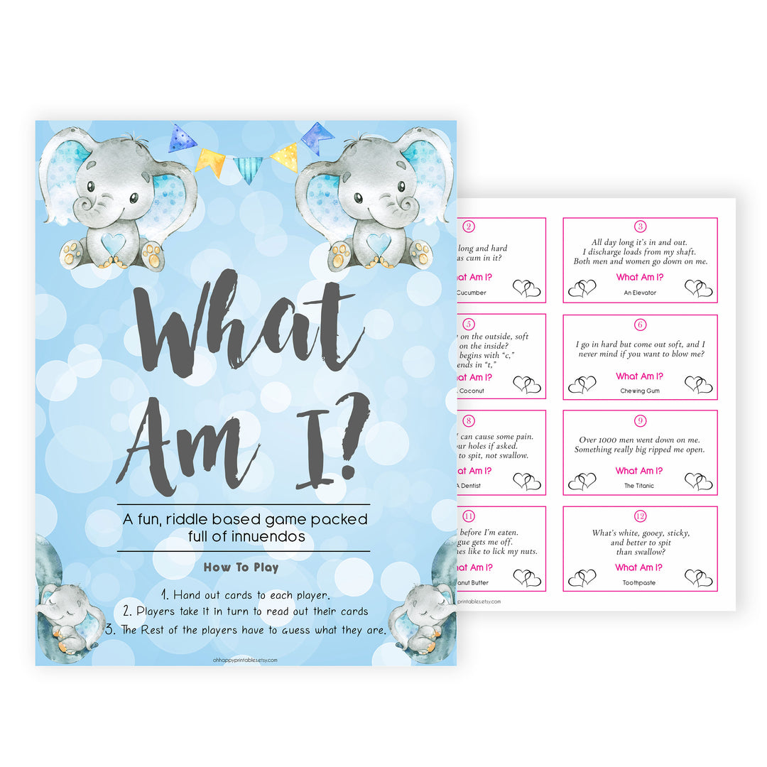 Blue elephant baby games, what am I, elephant baby games, printable baby games, top baby games, best baby shower games, baby shower ideas, fun baby games, elephant baby shower