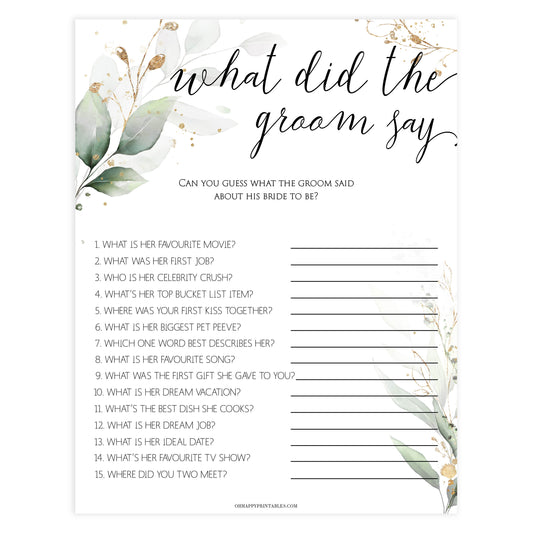 what did the groom say, Printable bridal shower games, greenery bridal shower, gold leaf bridal shower games, fun bridal shower games, bridal shower game ideas, greenery bridal shower