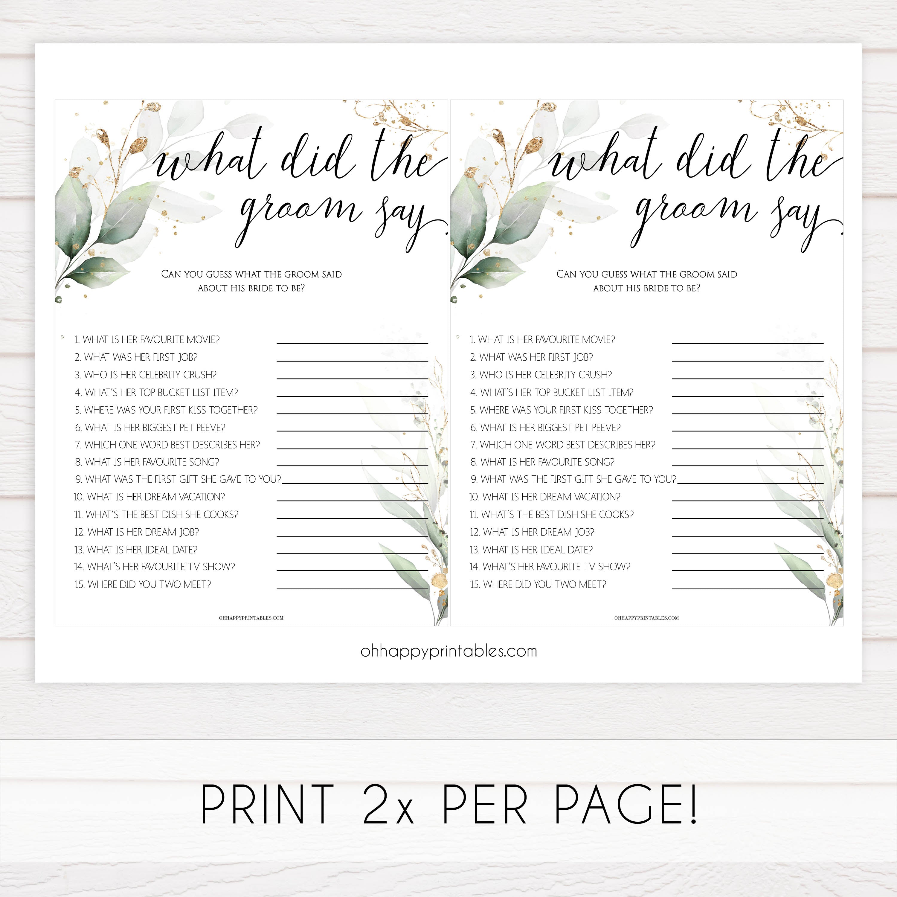 what did the groom say, Printable bridal shower games, greenery bridal shower, gold leaf bridal shower games, fun bridal shower games, bridal shower game ideas, greenery bridal shower