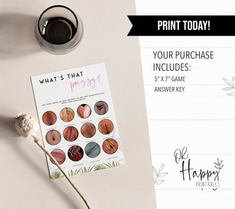 Fully editable and printable what;'s that pussy game with a miami design. Perfect for a miami, Bachelorette themed party
