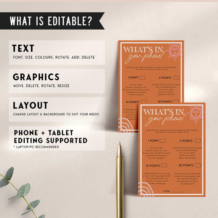 Fully editable and printable bridal shower what's in your phone game with a Palm Springs design. Perfect for a Palm Springs bridal shower themed party
