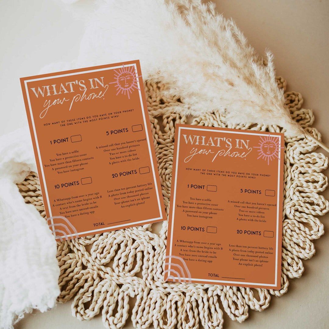Fully editable and printable bridal shower what's in your phone game with a Palm Springs design. Perfect for a Palm Springs bridal shower themed party