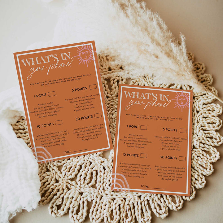 Fully editable and printable bridal shower what's in your phone game with a Palm Springs design. Perfect for a Palm Springs bridal shower themed party
