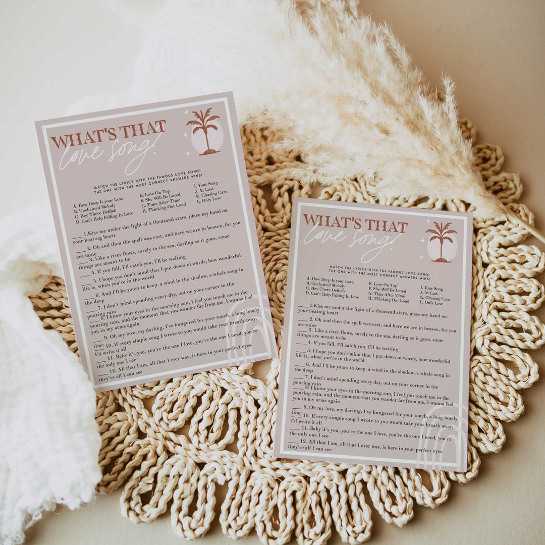 Fully editable and printable bridal shower what's that love song game with a Palm Springs design. Perfect for a Palm Springs bridal shower themed party