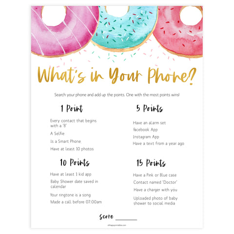 editable baby shower games, whats in your phone game, Printable baby shower games, donut baby games, baby shower games, fun baby shower ideas, top baby shower ideas, donut sprinkles baby shower, baby shower games, fun donut baby shower ideas