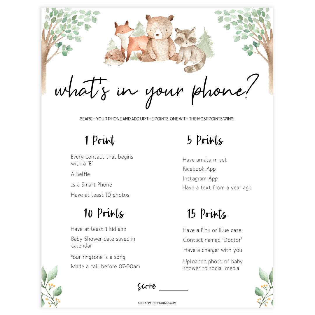 whats in your phone baby game, Printable baby shower games, woodland animals baby games, baby shower games, fun baby shower ideas, top baby shower ideas, woodland baby shower, baby shower games, fun woodland animals baby shower ideas