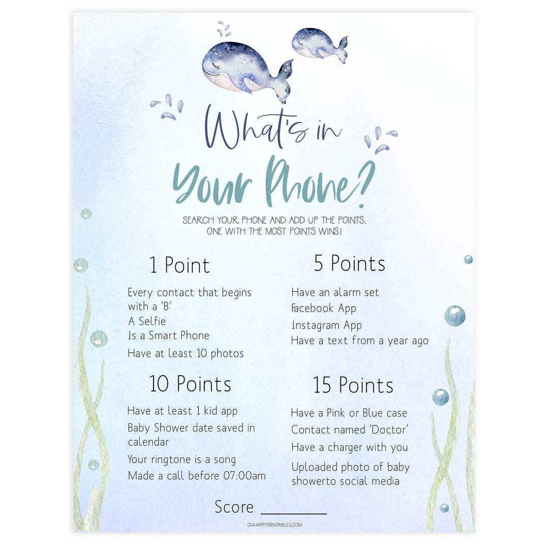 whats in your phone game, Printable baby shower games, whale baby games, baby shower games, fun baby shower ideas, top baby shower ideas, whale baby shower, baby shower games, fun whale baby shower ideas
