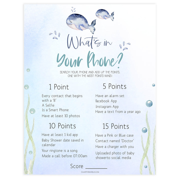 whats in your phone game, Printable baby shower games, whale baby games, baby shower games, fun baby shower ideas, top baby shower ideas, whale baby shower, baby shower games, fun whale baby shower ideas