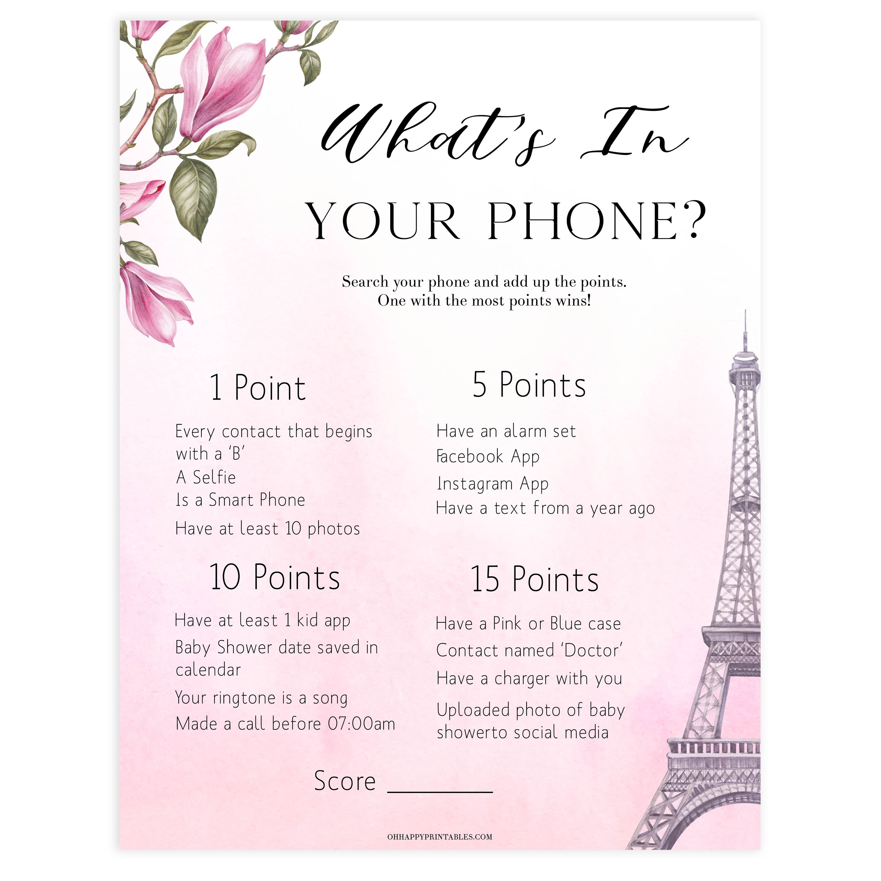 whats in your phone baby game, Paris baby shower games, printable baby shower games, Parisian baby shower games, fun baby shower games