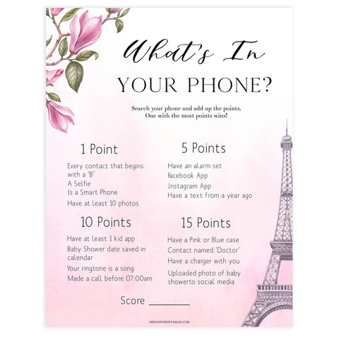 whats in your phone baby game, Paris baby shower games, printable baby shower games, Parisian baby shower games, fun baby shower games