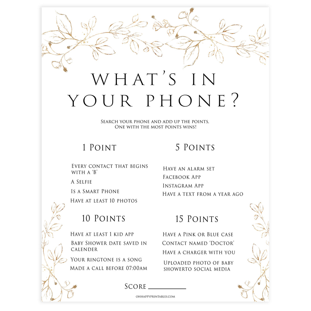 whats in your phone baby game, Printable baby shower games, gold leaf baby games, baby shower games, fun baby shower ideas, top baby shower ideas, gold leaf baby shower, baby shower games, fun gold leaf baby shower ideas