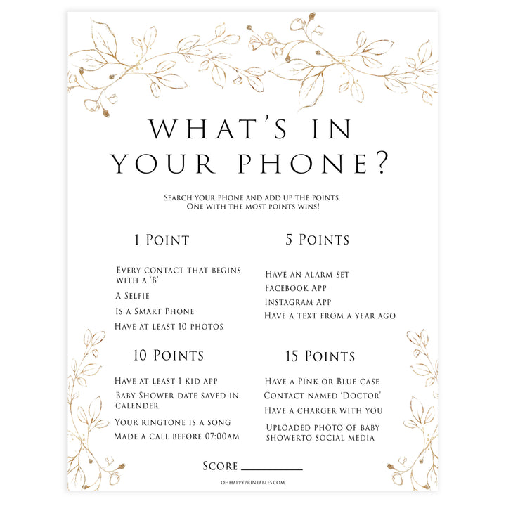 whats in your phone baby game, Printable baby shower games, gold leaf baby games, baby shower games, fun baby shower ideas, top baby shower ideas, gold leaf baby shower, baby shower games, fun gold leaf baby shower ideas