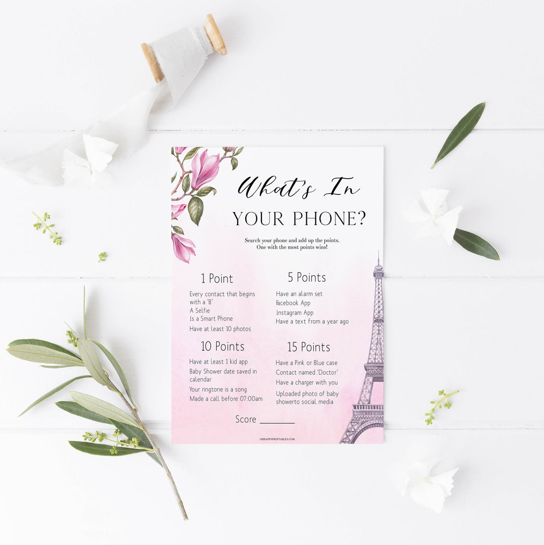 whats in your phone baby game, Paris baby shower games, printable baby shower games, Parisian baby shower games, fun baby shower games