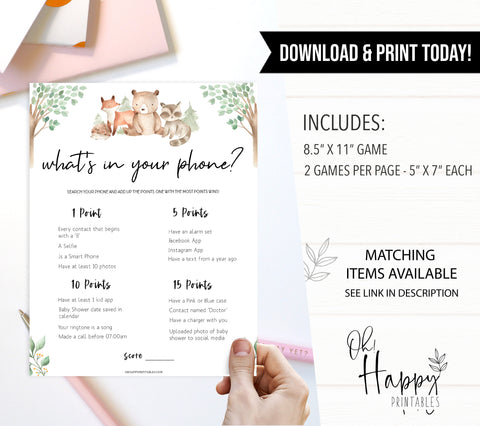 whats in your phone baby game, Printable baby shower games, woodland animals baby games, baby shower games, fun baby shower ideas, top baby shower ideas, woodland baby shower, baby shower games, fun woodland animals baby shower ideas