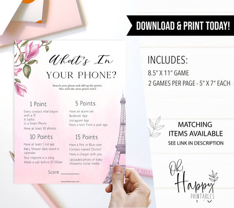 whats in your phone baby game, Paris baby shower games, printable baby shower games, Parisian baby shower games, fun baby shower games