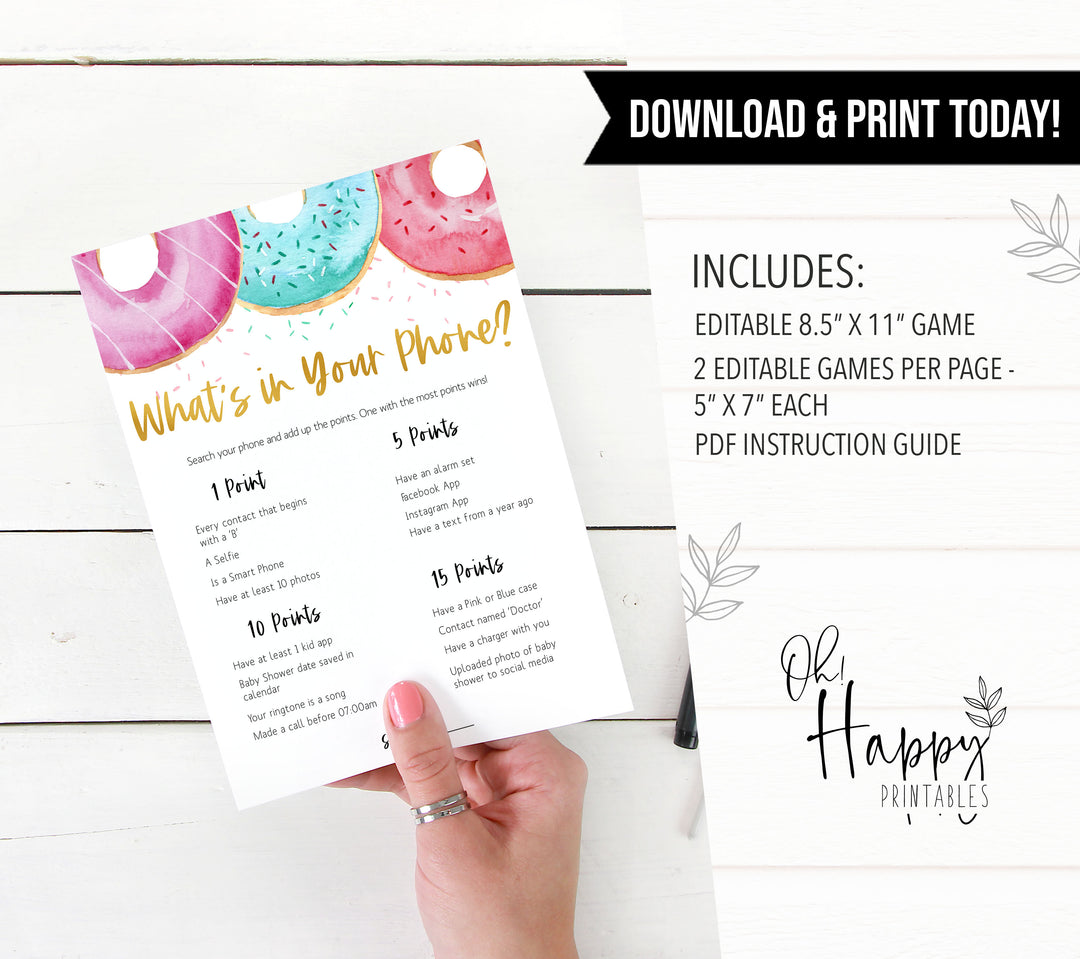 editable baby shower games, whats in your phone game, Printable baby shower games, donut baby games, baby shower games, fun baby shower ideas, top baby shower ideas, donut sprinkles baby shower, baby shower games, fun donut baby shower ideas