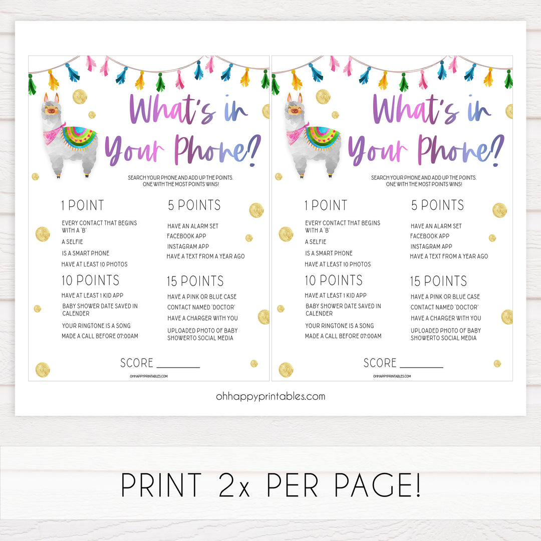 whats in your phone baby game, baby games,  Printable baby shower games, llama fiesta fun baby games, baby shower games, fun baby shower ideas, top baby shower ideas, Llama fiesta shower baby shower, fiesta baby shower ideas