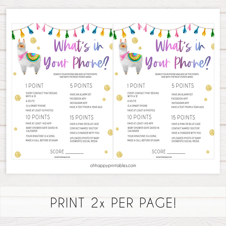 whats in your phone baby game, baby games,  Printable baby shower games, llama fiesta fun baby games, baby shower games, fun baby shower ideas, top baby shower ideas, Llama fiesta shower baby shower, fiesta baby shower ideas